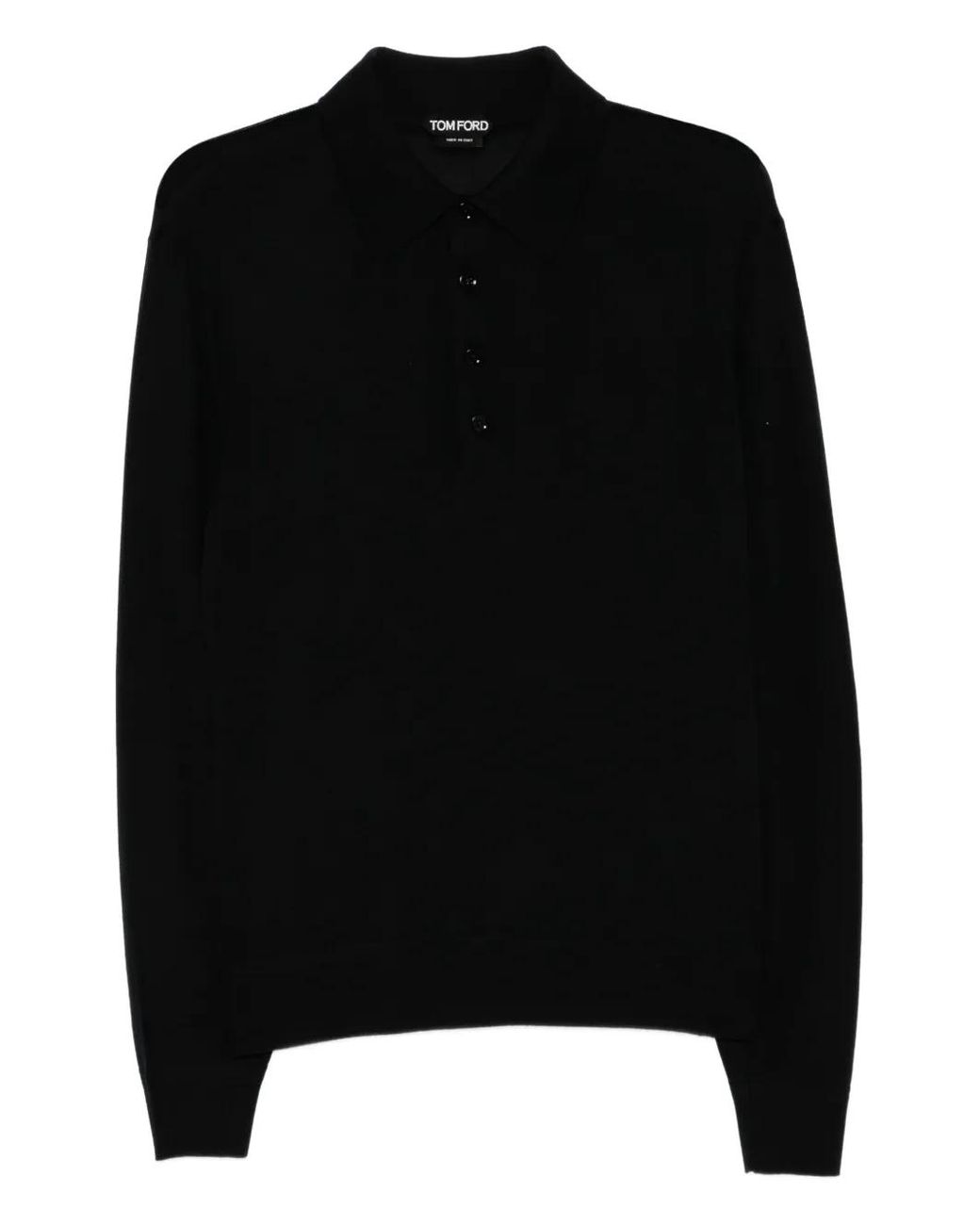 Tom Ford Black Wool Knit Long-Sleeved Polo Shirt With Ribbed Trims for men