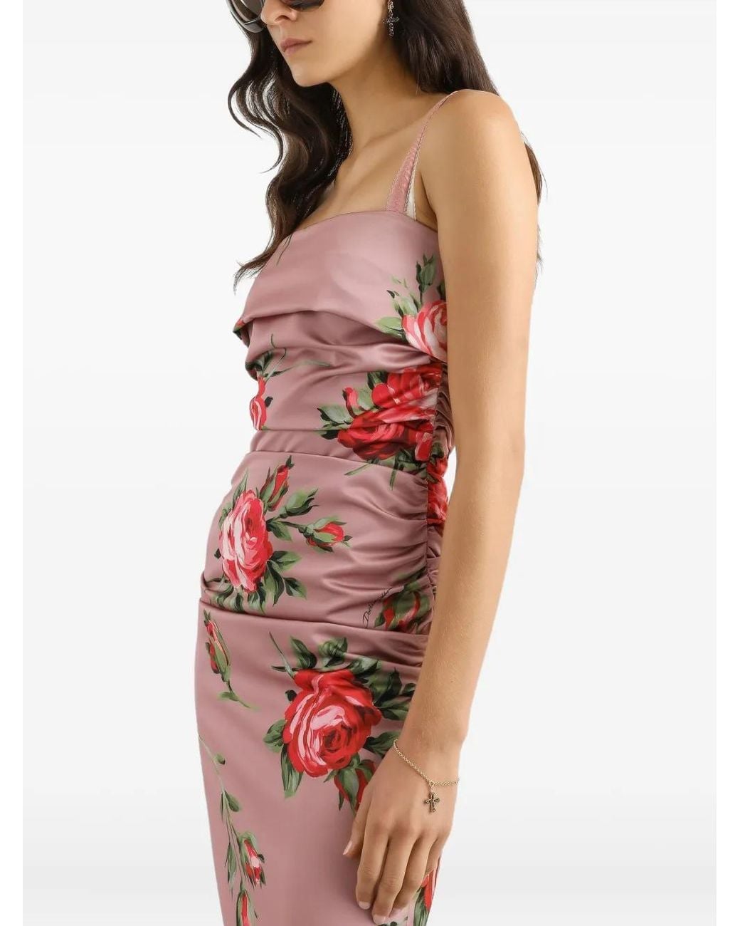 Dolce & Gabbana Red Floral-Print Ruched Midi Dress