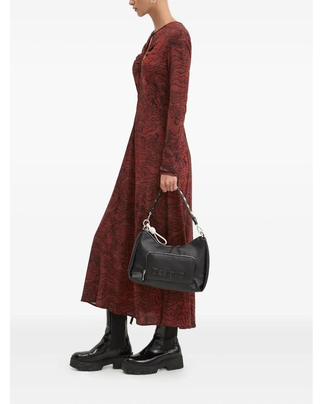 Desigual Red Keyhole-Neckline Wave-Print Midi Day Dress