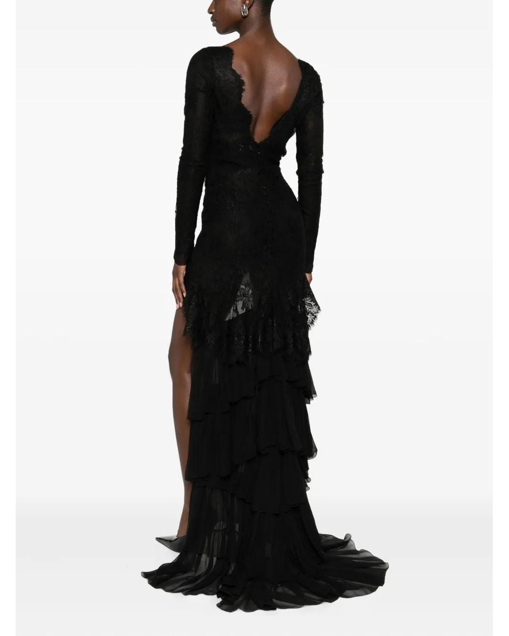 Saint Laurent Lace Ruffled Dress in Black | Lyst