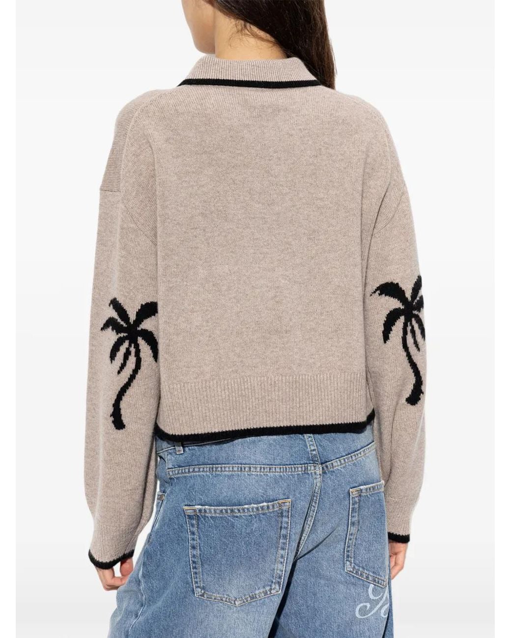 Palm Angels Natural Palm-Tree Embroidery Polo Sweater