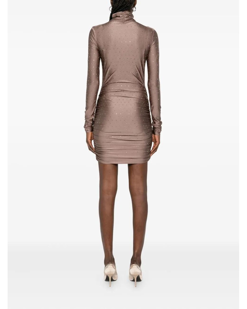 ANDAMANE Brown High-Neck Rhinestone-Embellished Dress