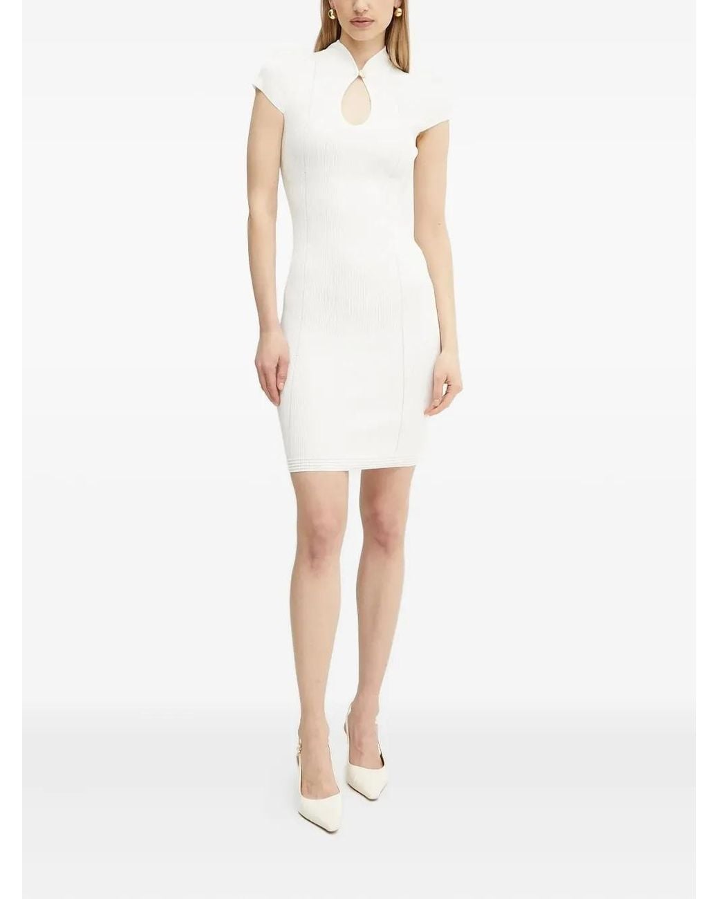 Guess Ribbed Keyhole-Neck Mini Dress in White | Lyst UK