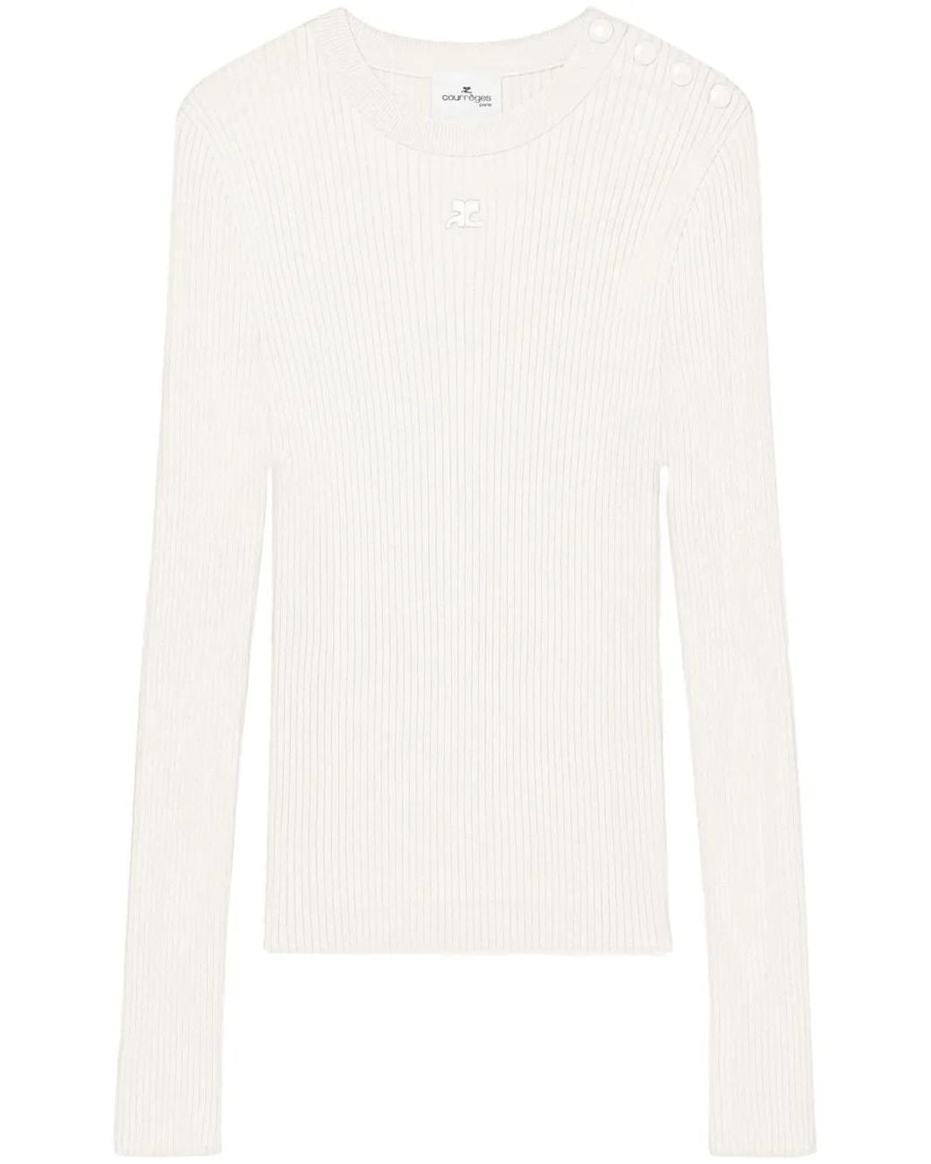 Courreges White Shoulder Snaps Ribbed Knit Sweater