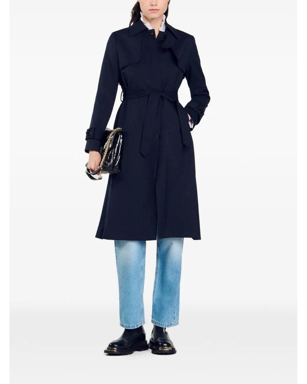 Sandro Blue Trench Coat With Pleated Inset