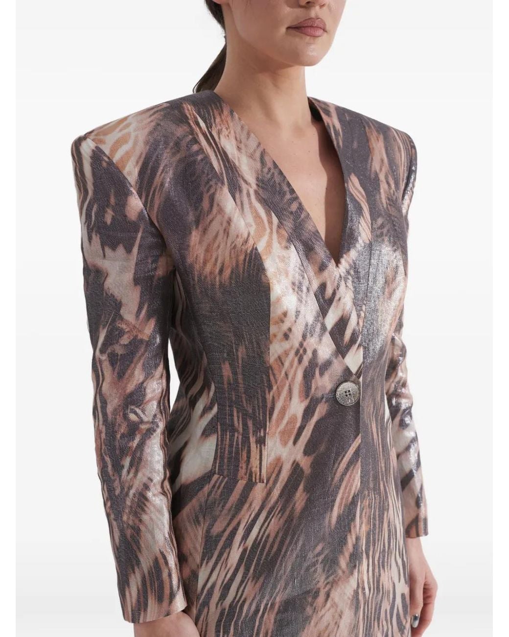 Tessitura Body Couture Brown Printed Oversized-Shoulder Blazer