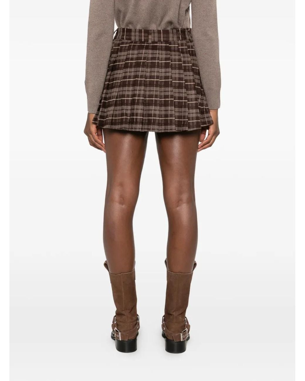Mc2 Saint Barth Brown Blay Check-Pattern Pleated Mini Skirt