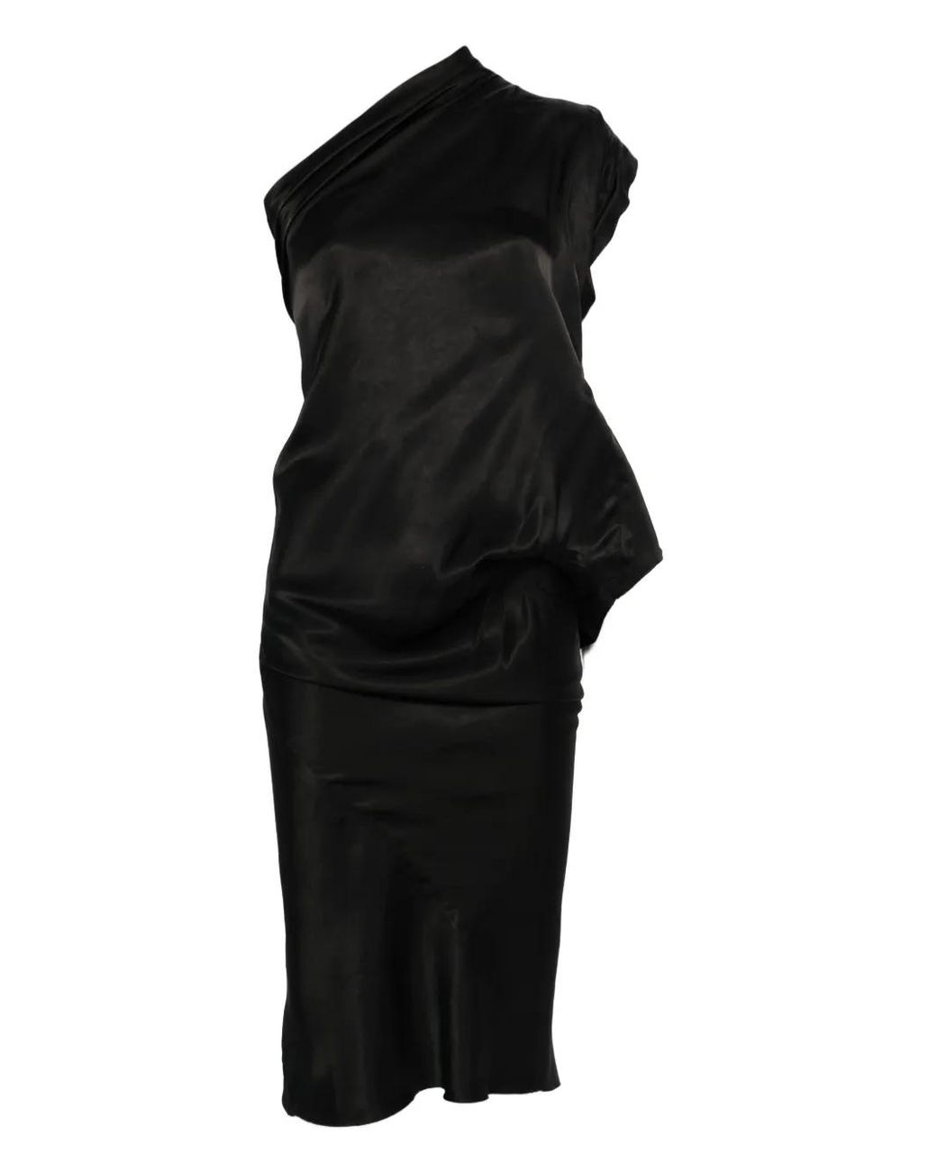 Rick Owens Black Draped One-Shoulder Midi Dress