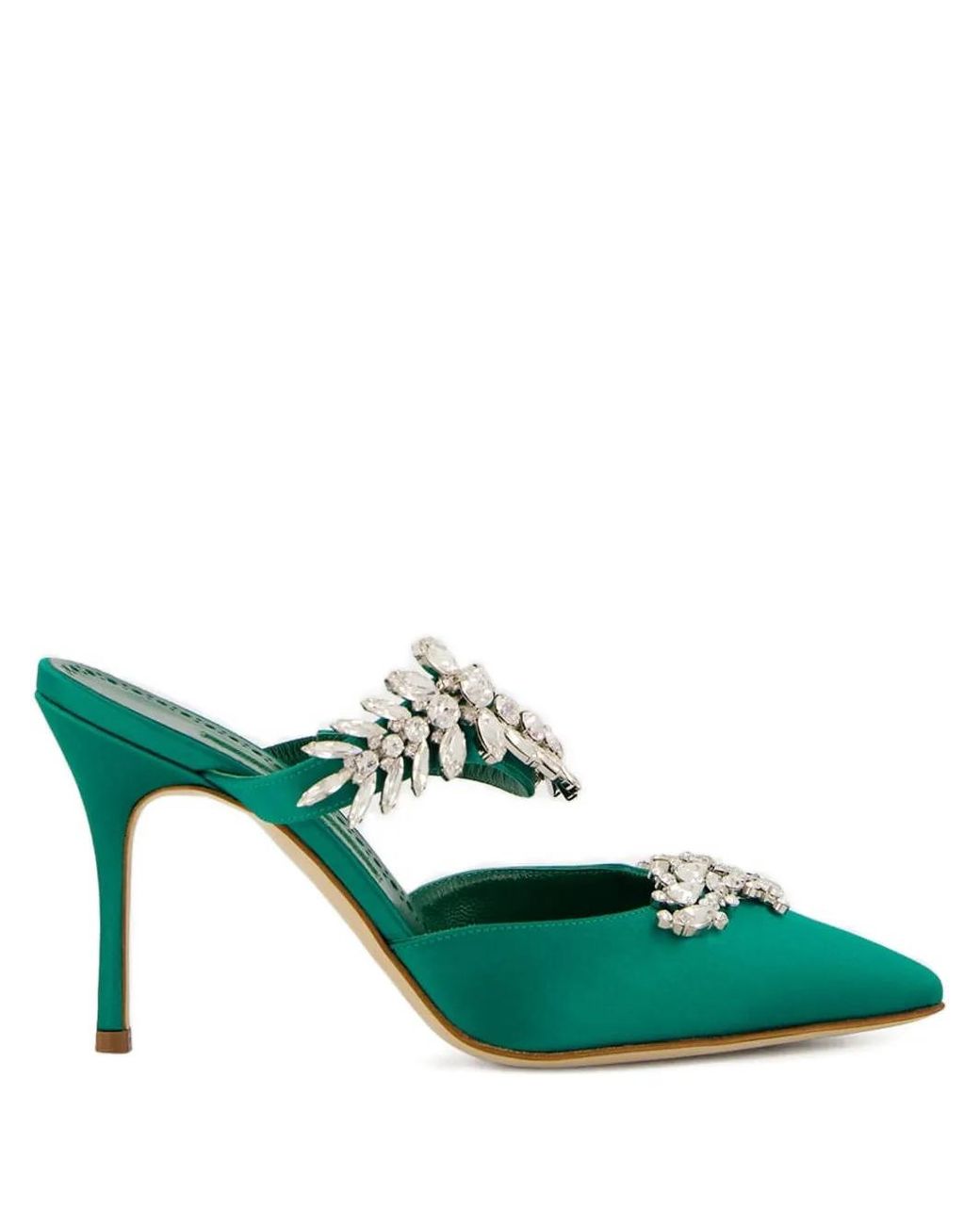 Manolo Blahnik Green 90Mm Crystal-Embellished Satin Mules