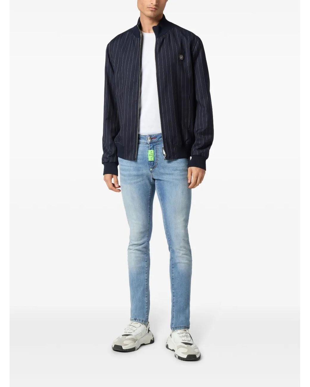 Philipp Plein Blue Pinstriped Bomber Jacket for men