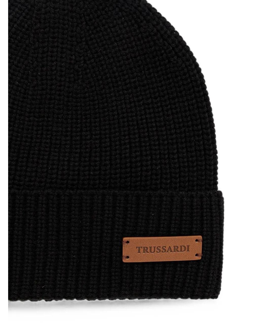 Trussardi Black Logo-Patch Ribbed-Knit Beanie Hat for men