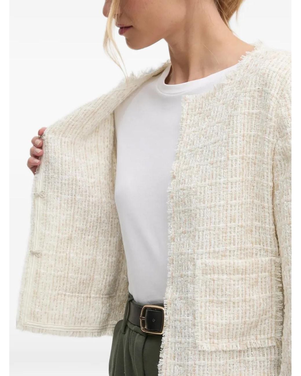 DKNY White Bouclé Frayed-Edge Jacket