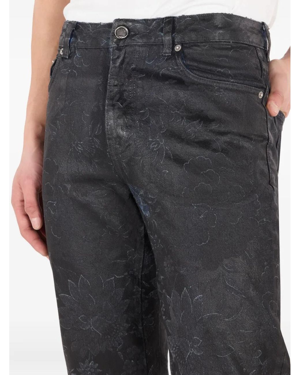 Roberto Cavalli Gray Floral-Motif Faded Jeans for men