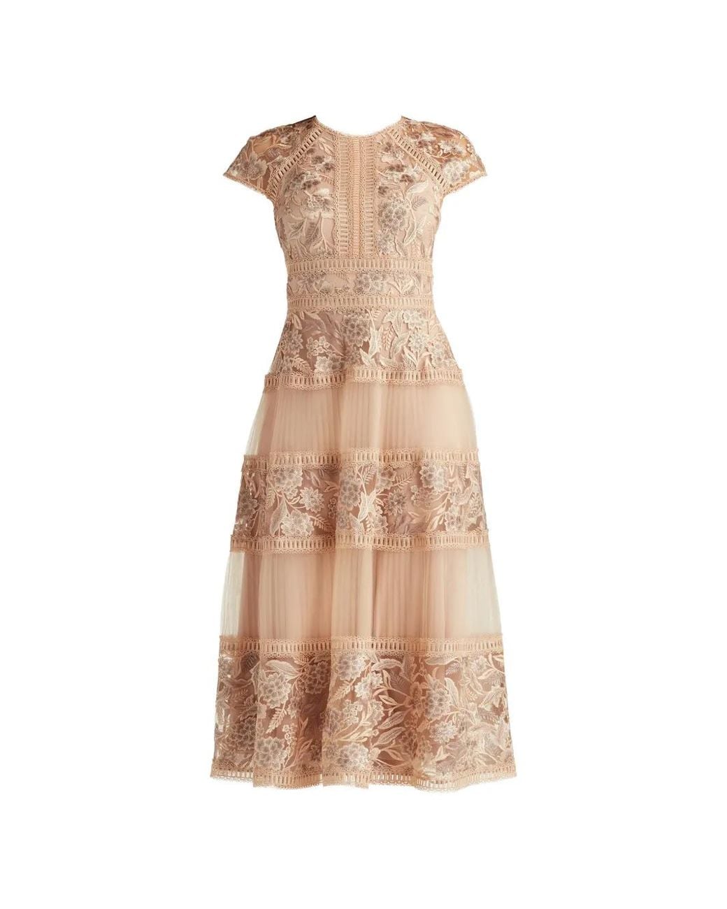 Tadashi Shoji Natural Tamsin Floral-Embroidered Tiered Midi Dress