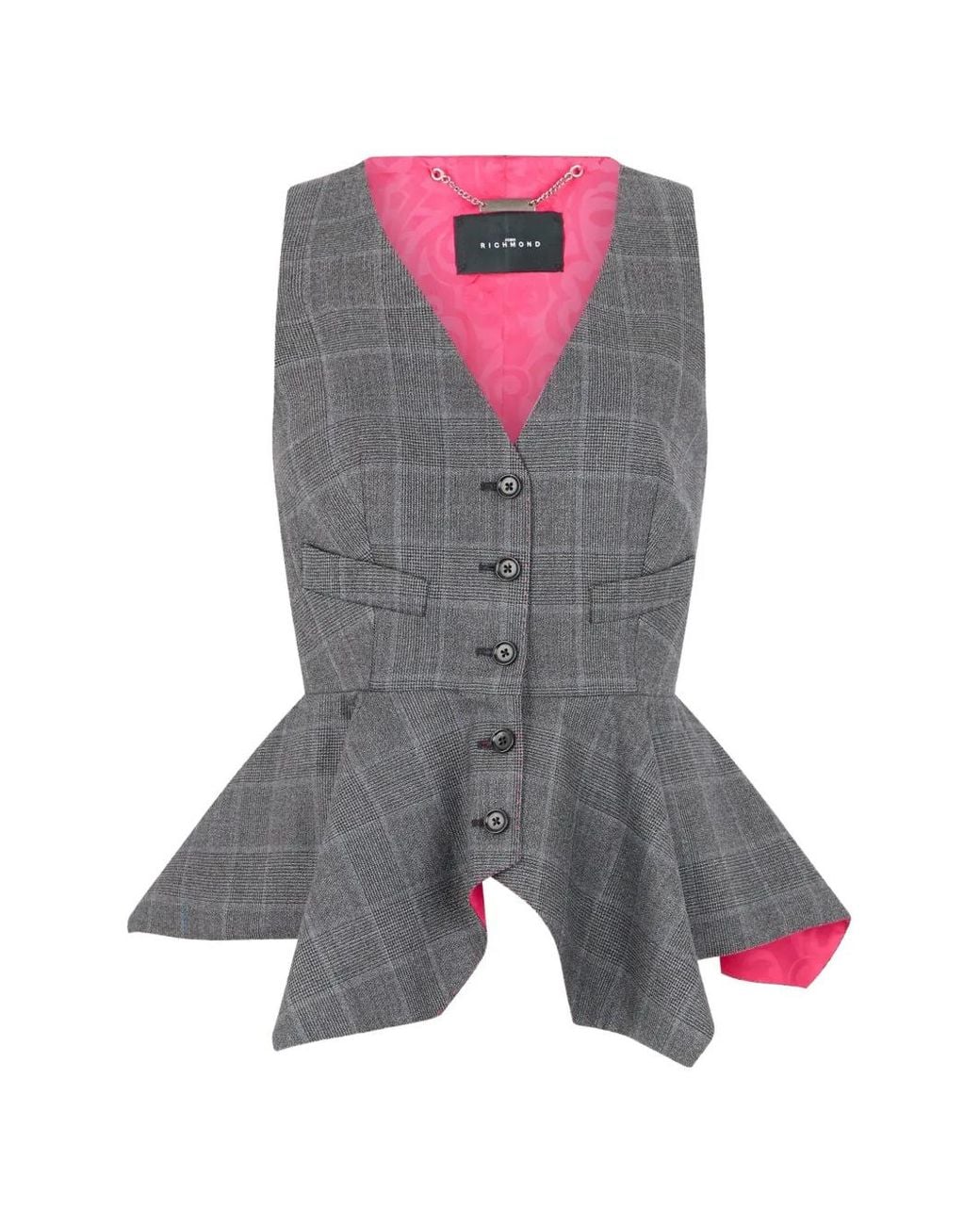 John Richmond Gray Check-Print Peplum Waistcoat