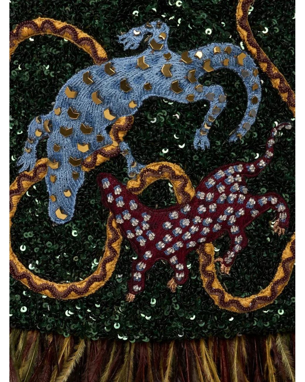 Etro Black Small Sequined Kalispera Bag With Feather And Animal Embroidery