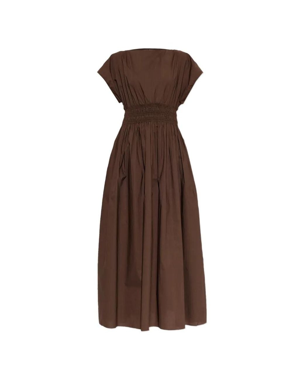 Matteau Brown Shirred-Waist Cotton Midi Dress