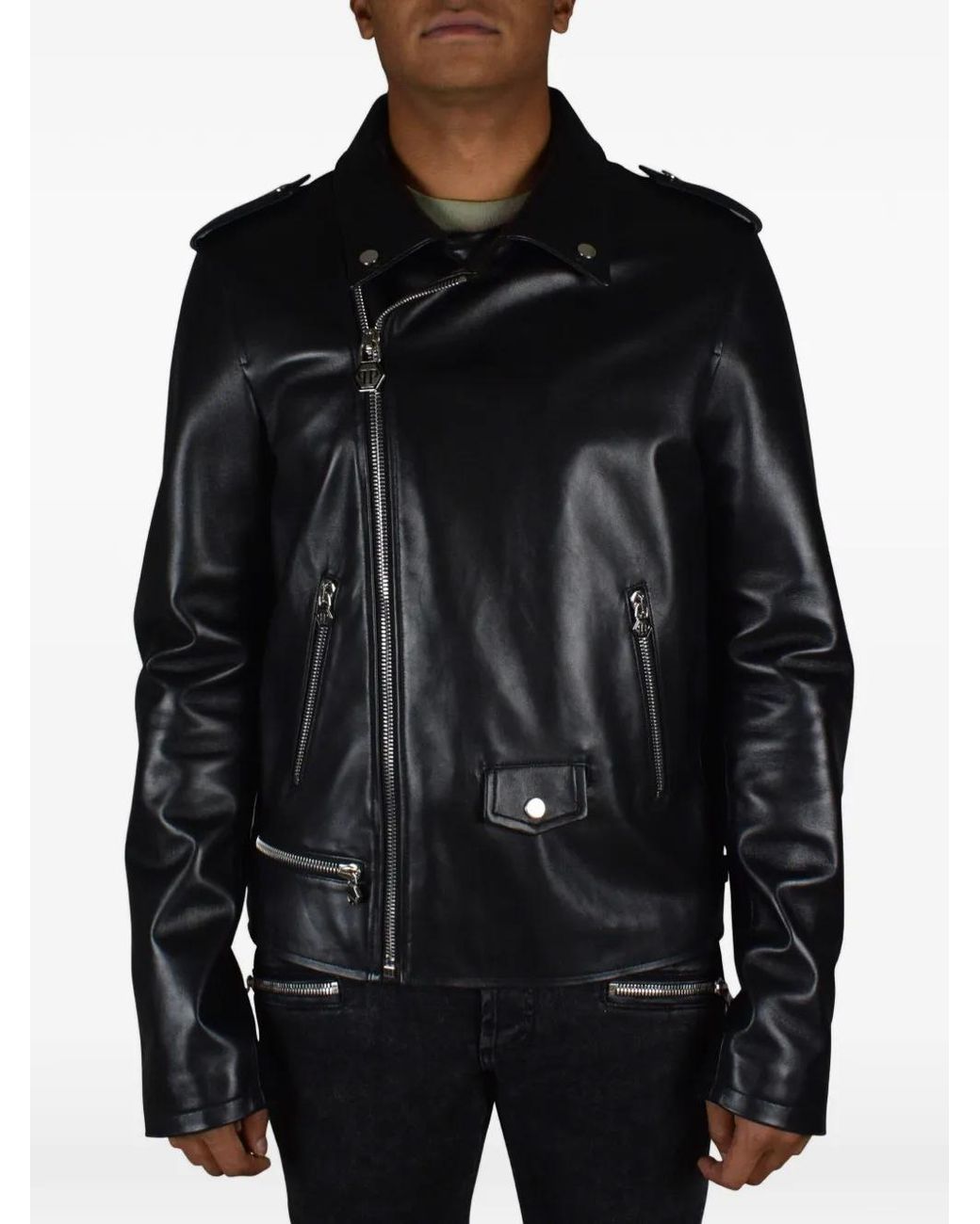Philipp Plein Black Zip Leather Biker Jacket for men