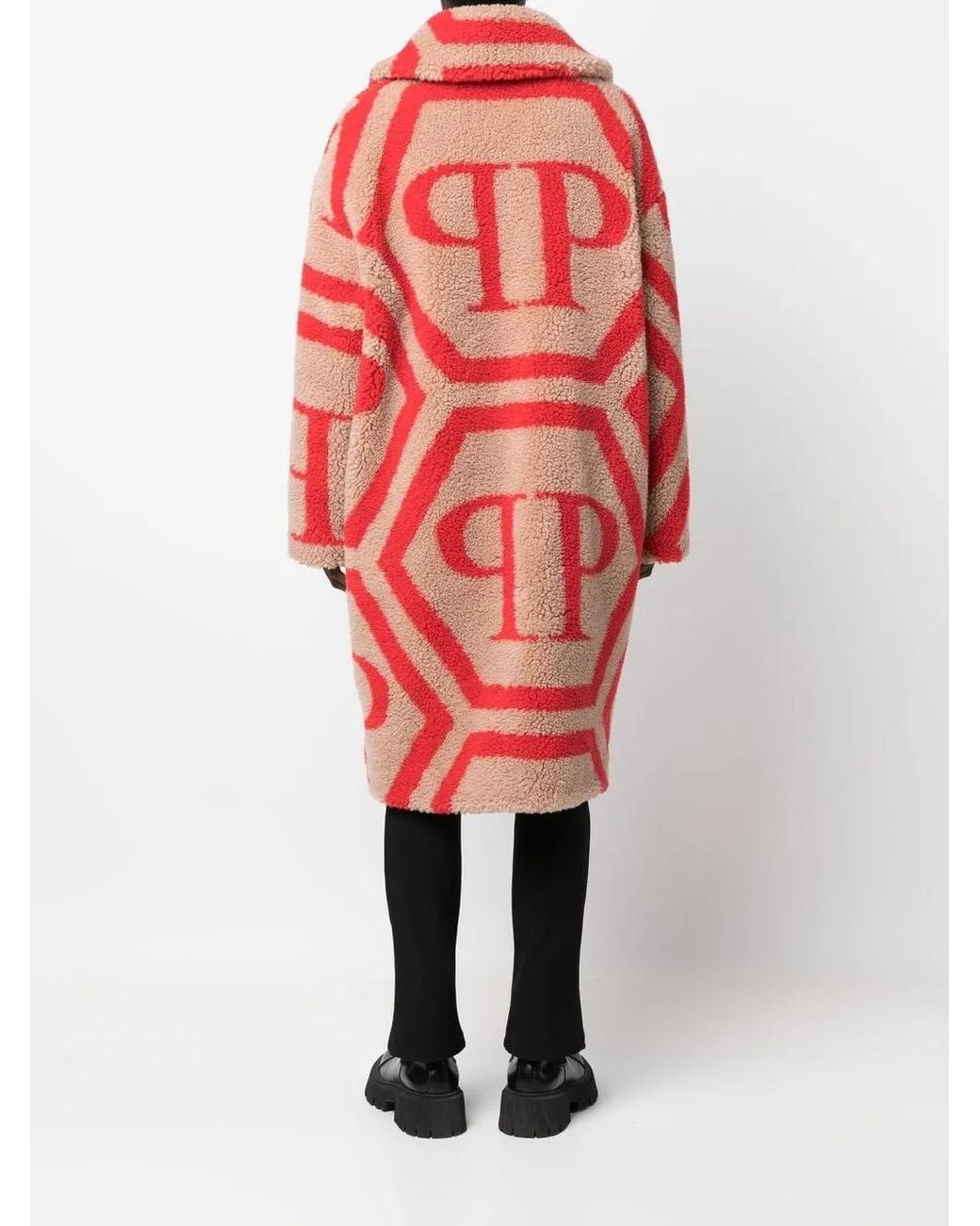 Philipp Plein Red Monogram-Print Faux Fur Coat
