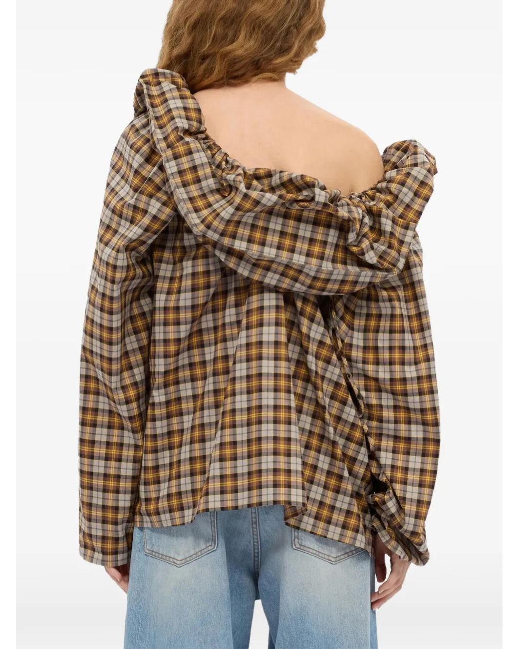 MSGM Brown Ruffled-Detail Plaid-Pattern Blouse