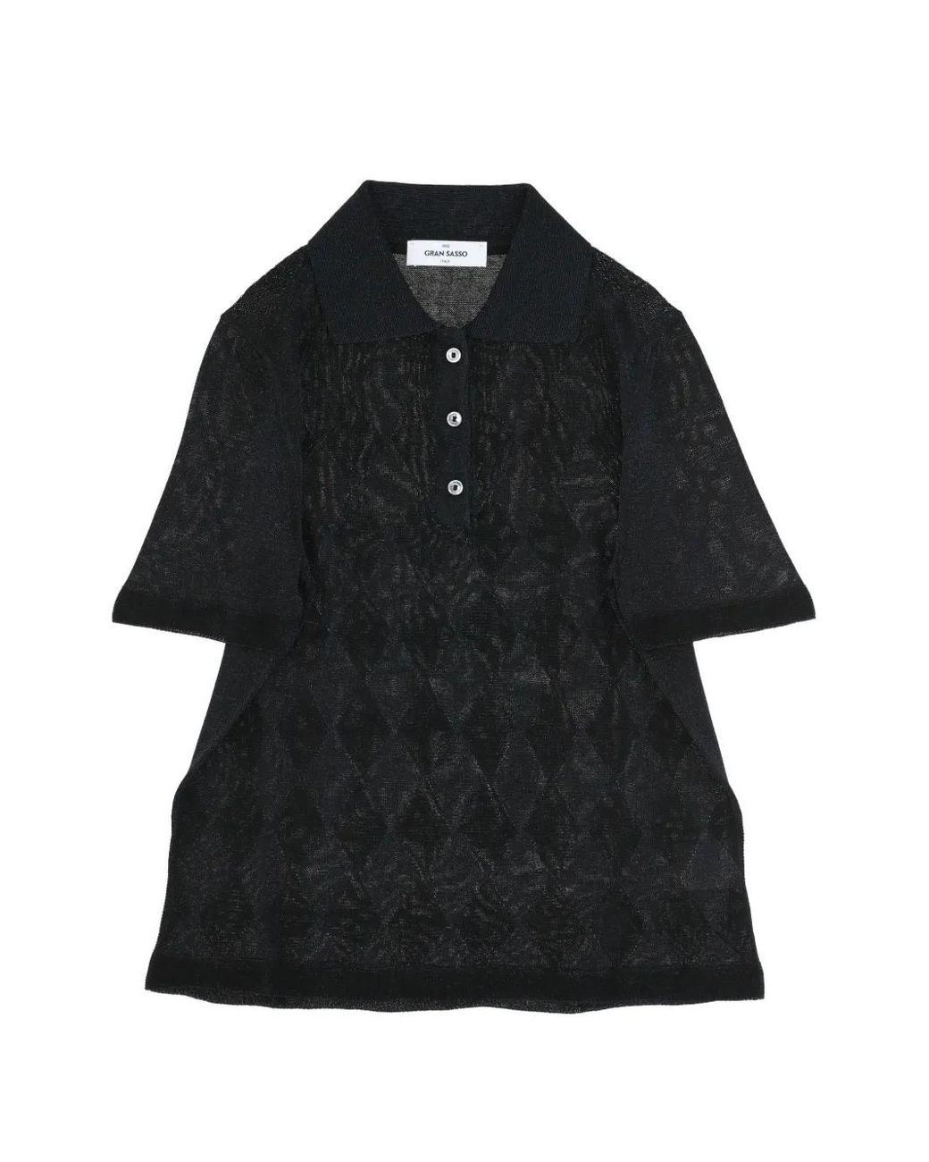Gran Sasso Black Argyle-Knit Short-Sleeve Polo Top