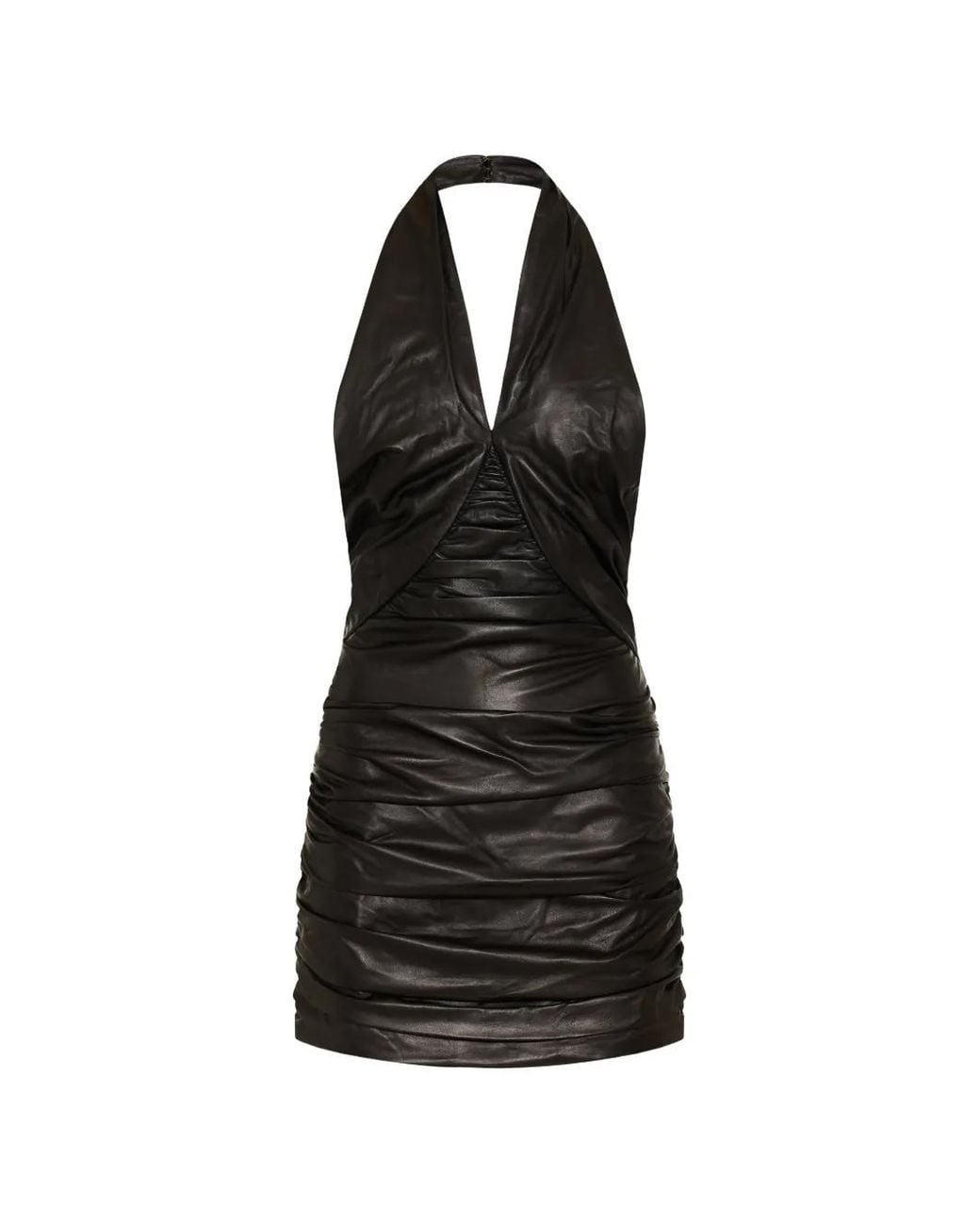 Balmain Black Cross-Neck Draped Leather Mini Dress