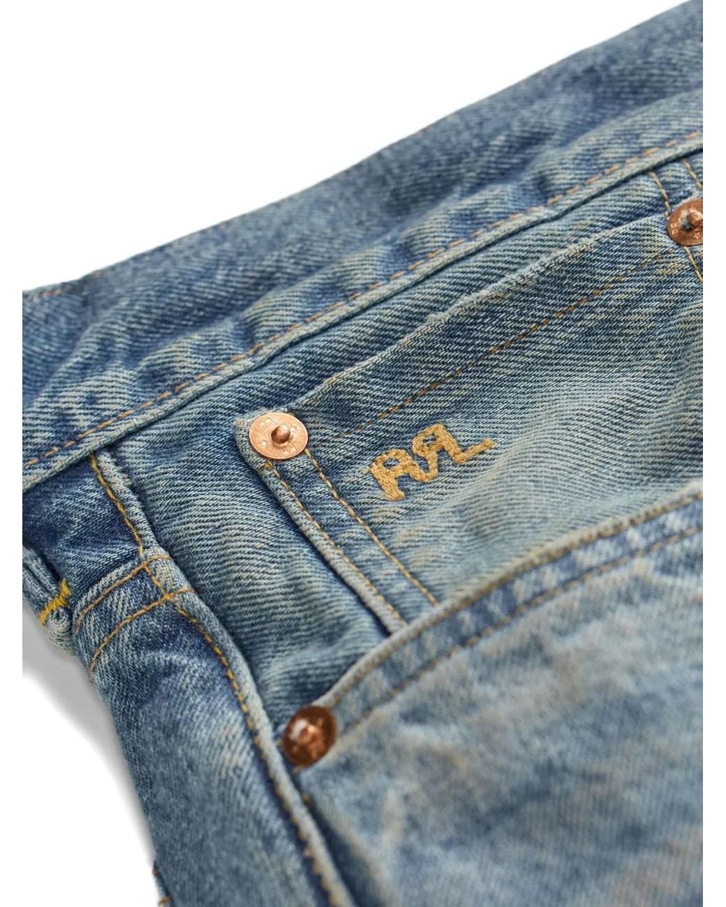 RRL Blue Distressed Patchwork Jeans for men