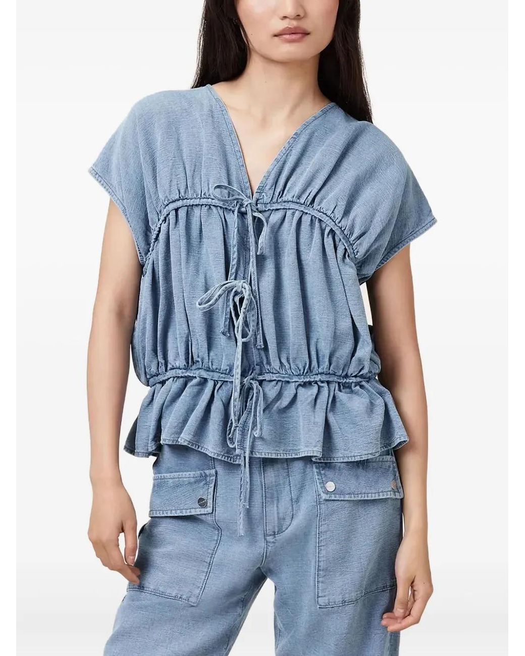 AllSaints Blue Remy Tie-Front Ruffled Top