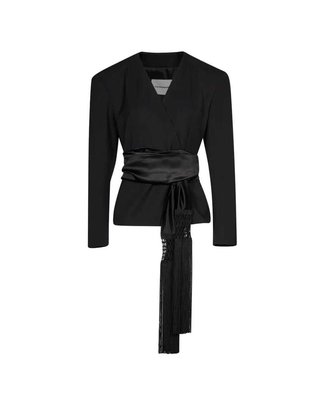 ANDAMANE Black Devina Fringe-Trim Wrap Blazer