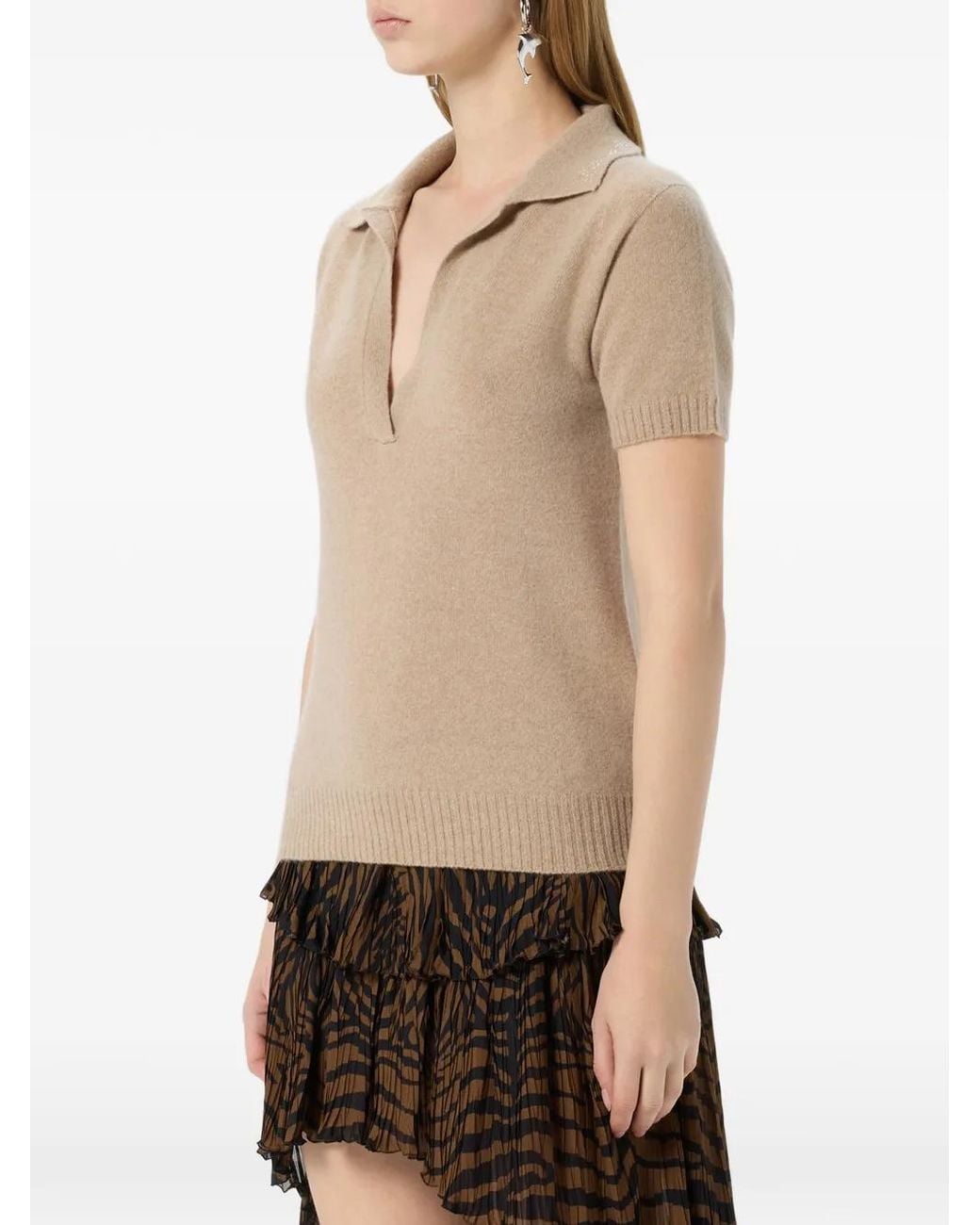 Blumarine Natural Rhinestone Cashmere Polo Shirt