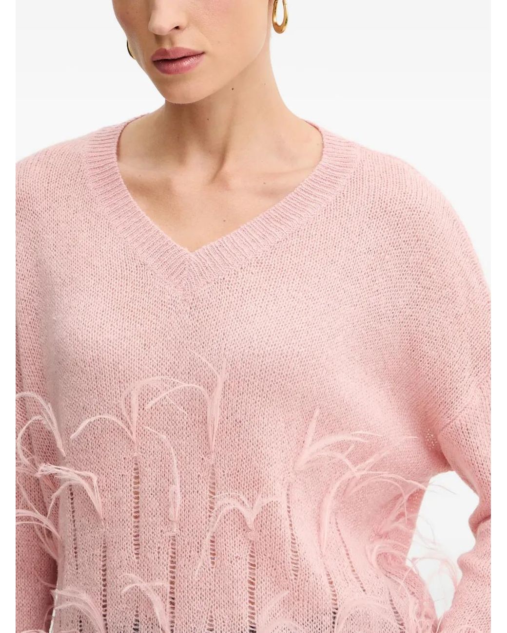 Fracomina Pink Feather-Embellished V-Neck Sweater