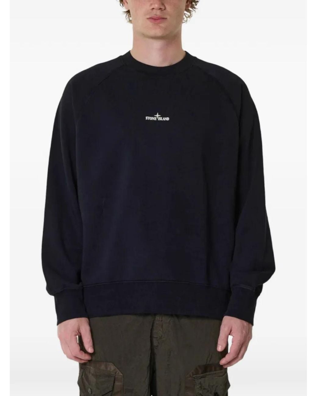 Stone Island Blue Logo-Print Garment-Dyed Sweater for men