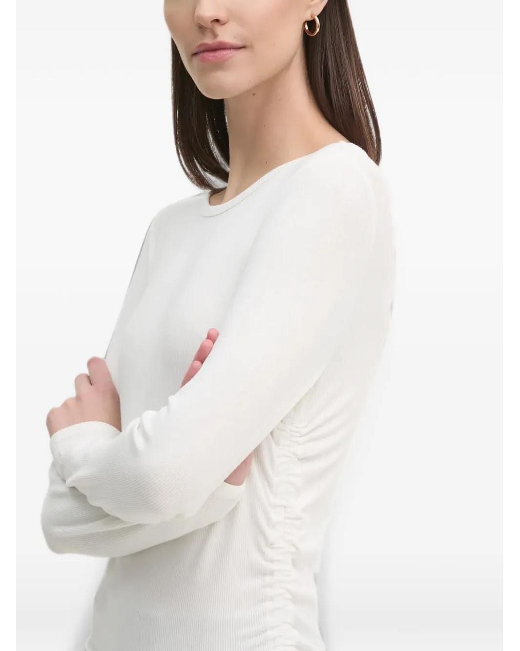 DKNY White Ribbed Ruched T-Shirt