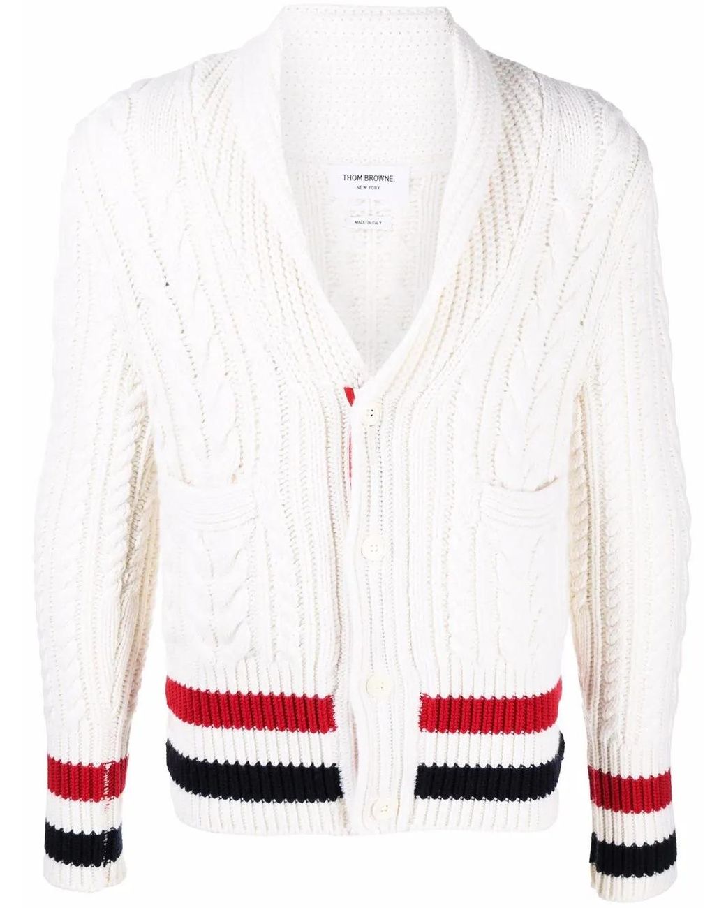 Thom Browne White Aran Cable Cashmere Rwb Stripe Cardigan for men