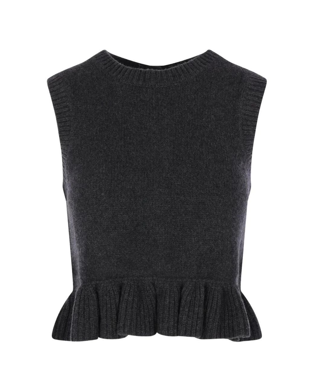 CECILIE BAHNSEN Black Ruffled-Peplum Crew-Neck Gilet