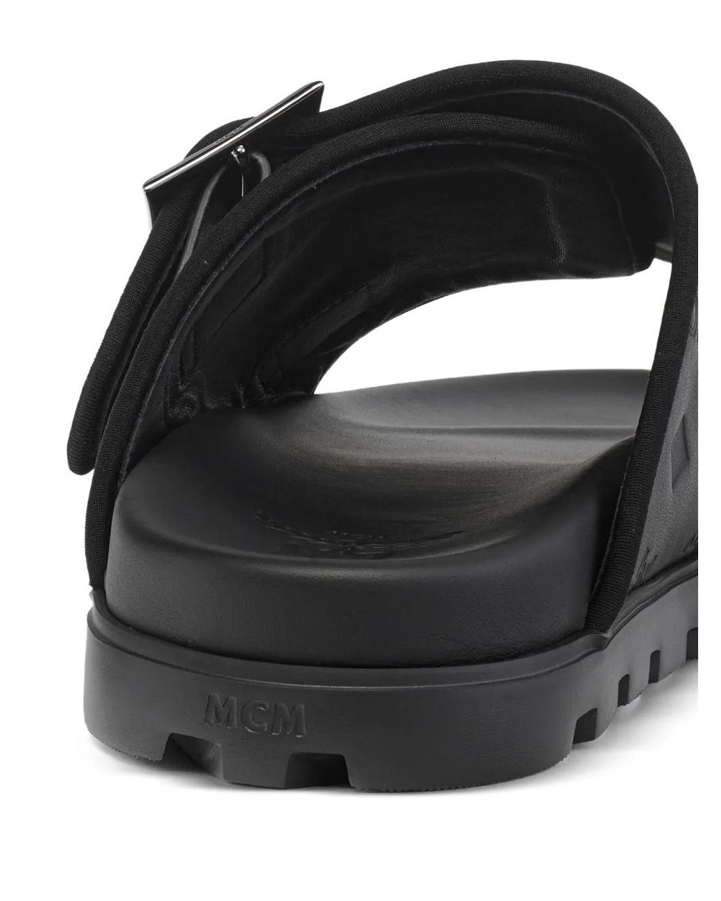 MCM Black Embossed Monogram Leather Sandals for men