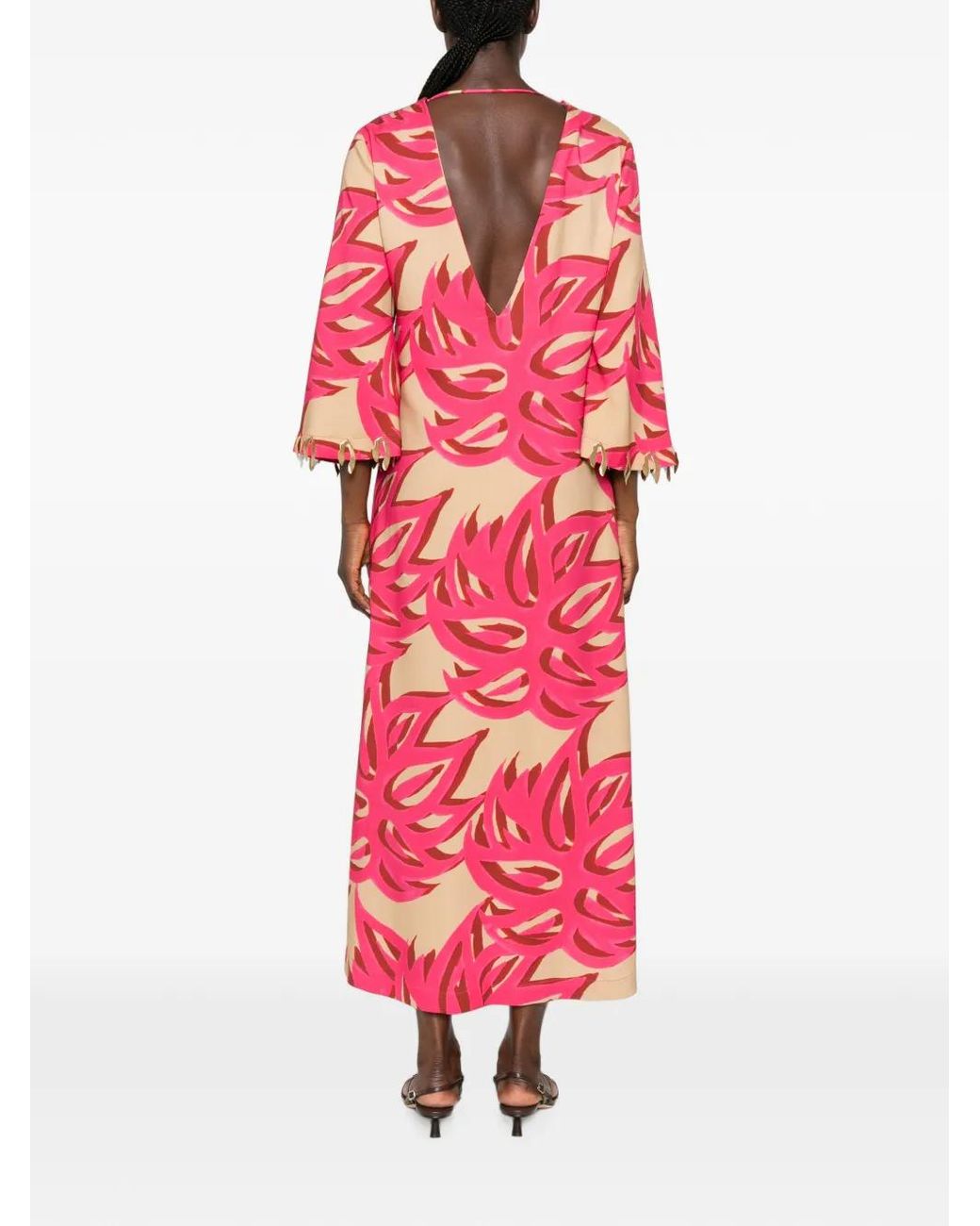 Themis Z Red Ismene Sabra Leaf-Print V-Neck Midi Dress