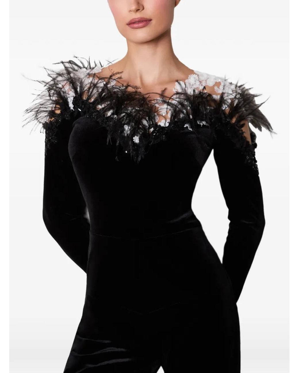 IMROSKA Black Feather-Trim Velvet Jumpsuit