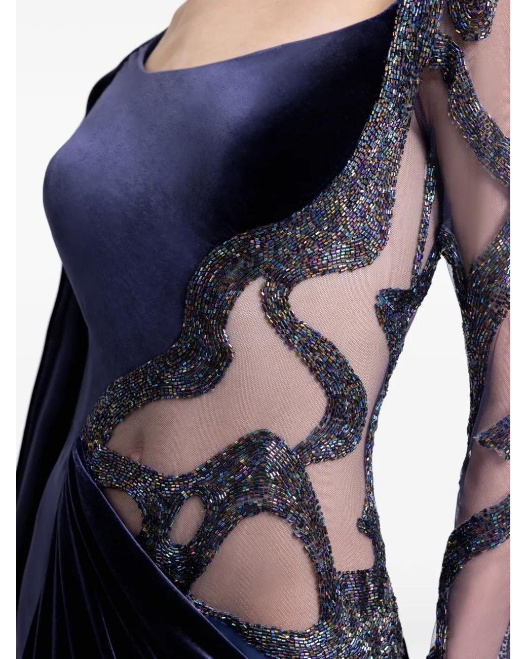 Gemy Maalouf Blue Bead-Embellished Velvet Dress