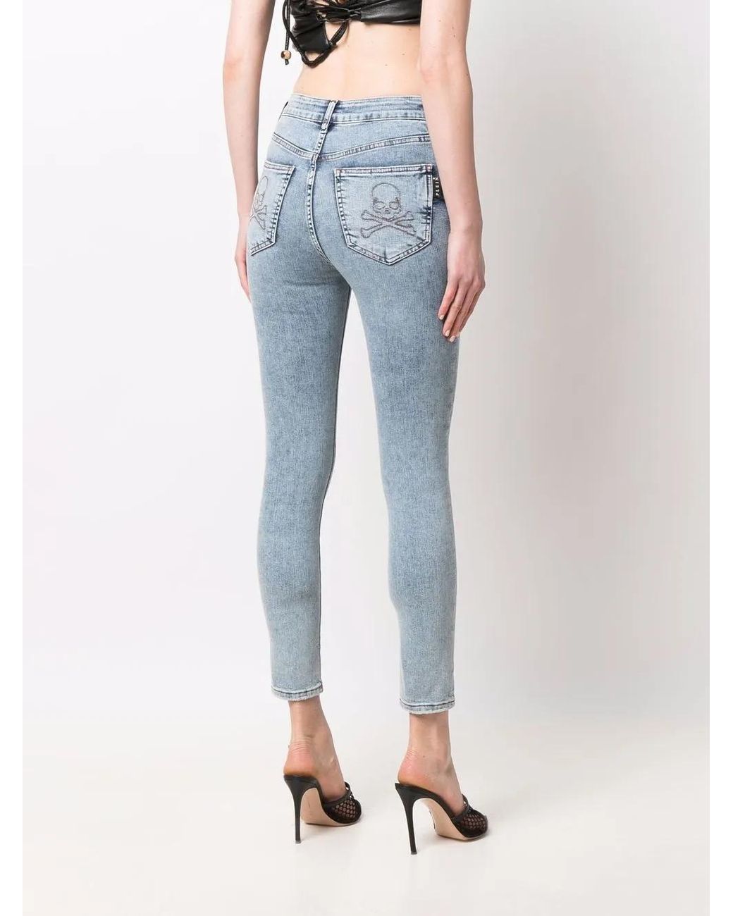 Philipp Plein Blue Skull Embroidery Skinny Jeans