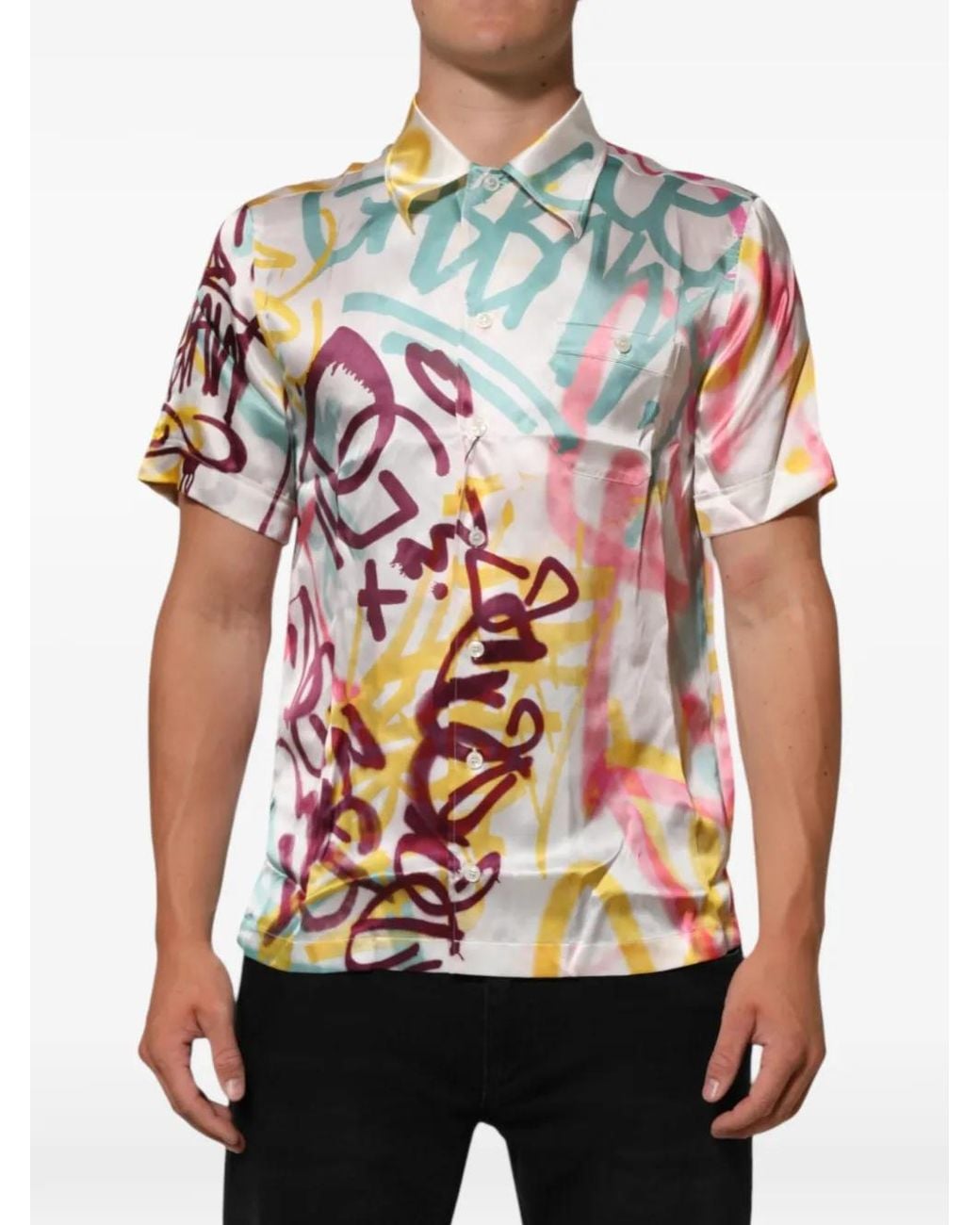 Dolce & Gabbana Red Graffiti-Print Silk Shirt for men