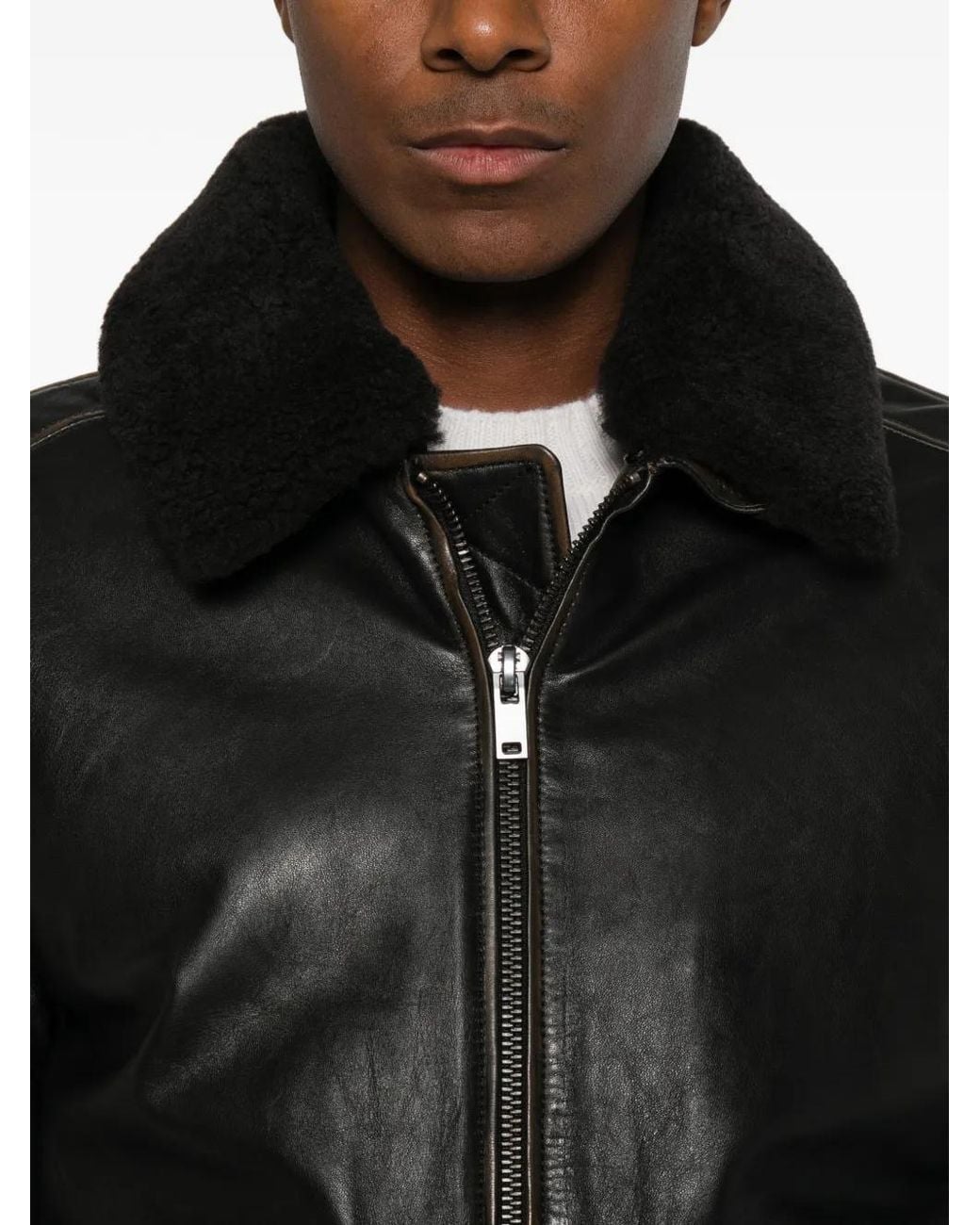 Amaranto Black Shearling-Collar Leather Jacket for men