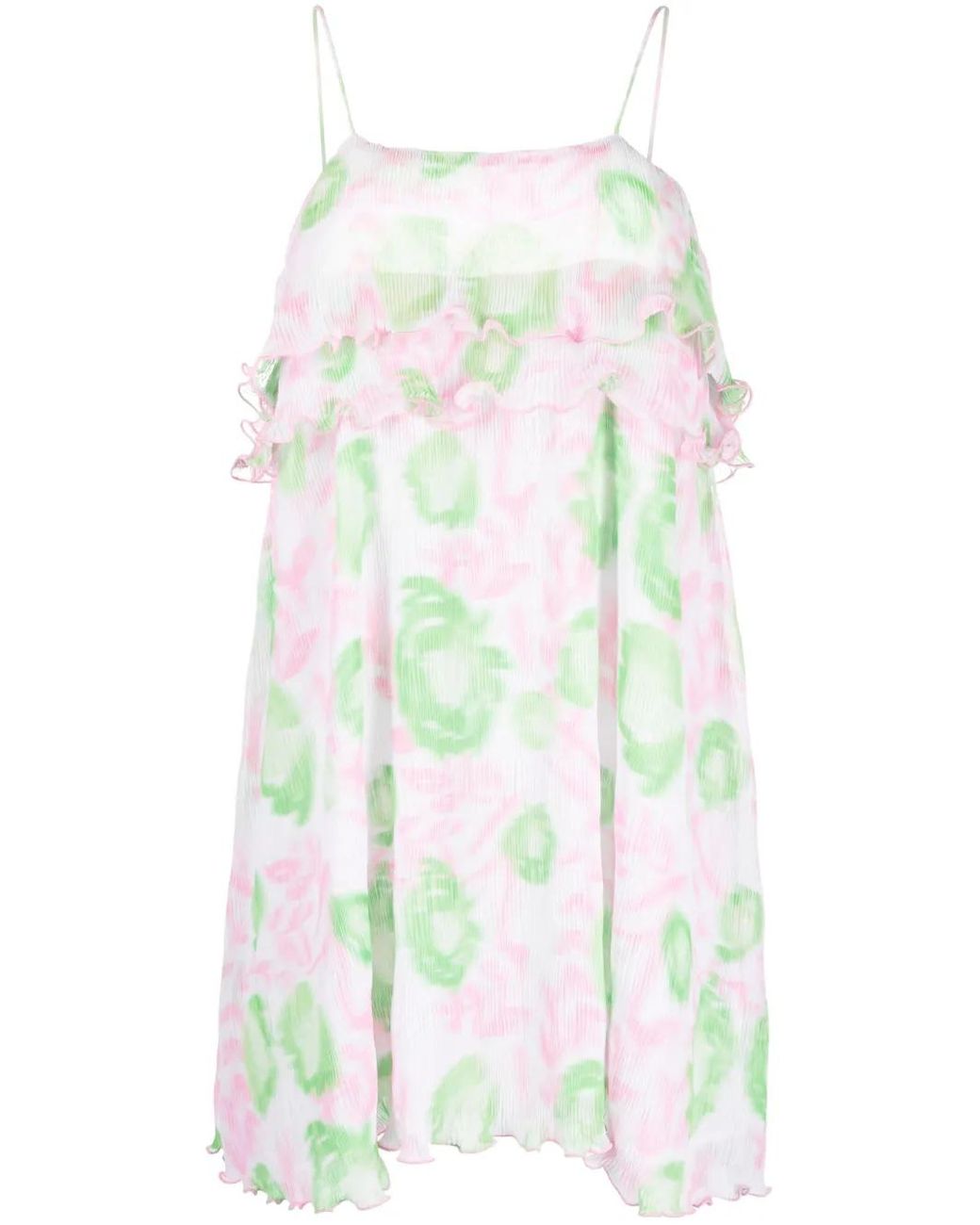 Ganni White Ruffled-Trim Graphic-Print Dress