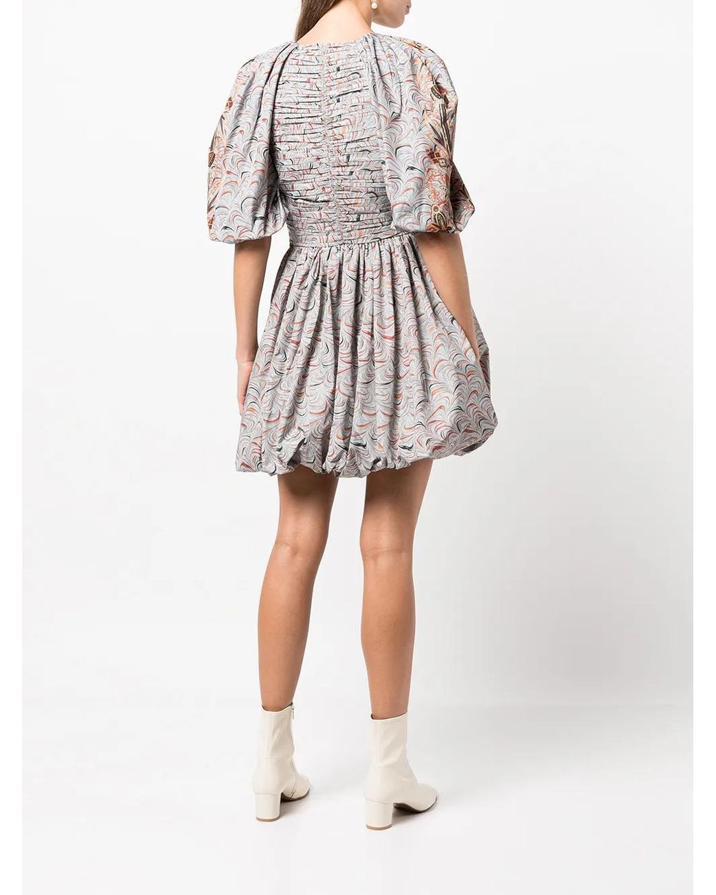 Ulla Johnson Gray Marbled Puff-Sleeve Ruched Dress