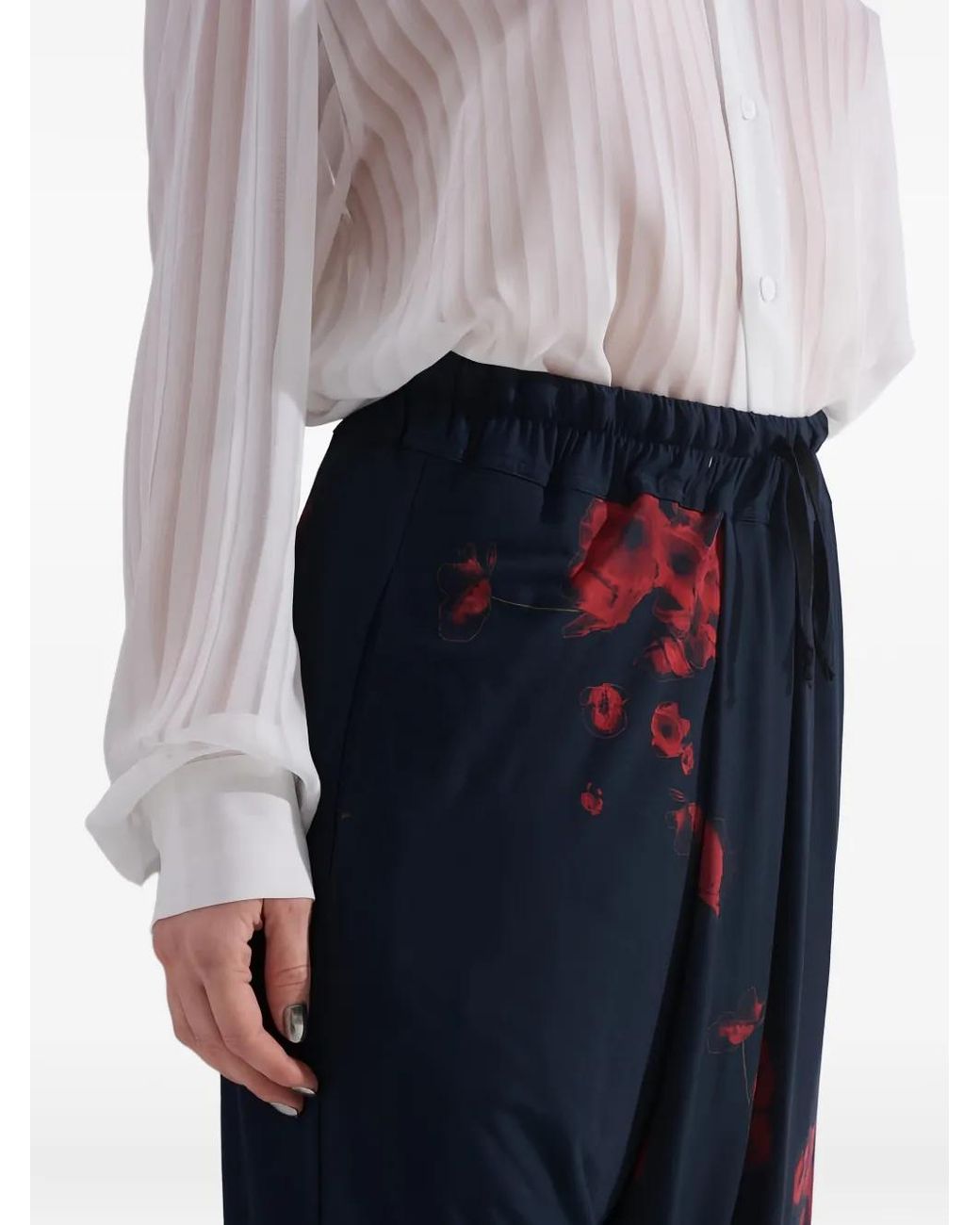 Tessitura Blue Poppies Folds Low-Crotch Floral-Print Trousers