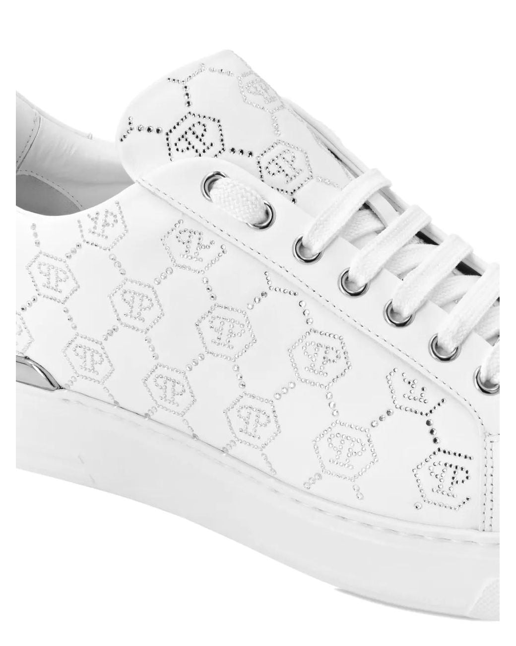 Philipp Plein White Low Top Sneakers Carson Monogram Strass