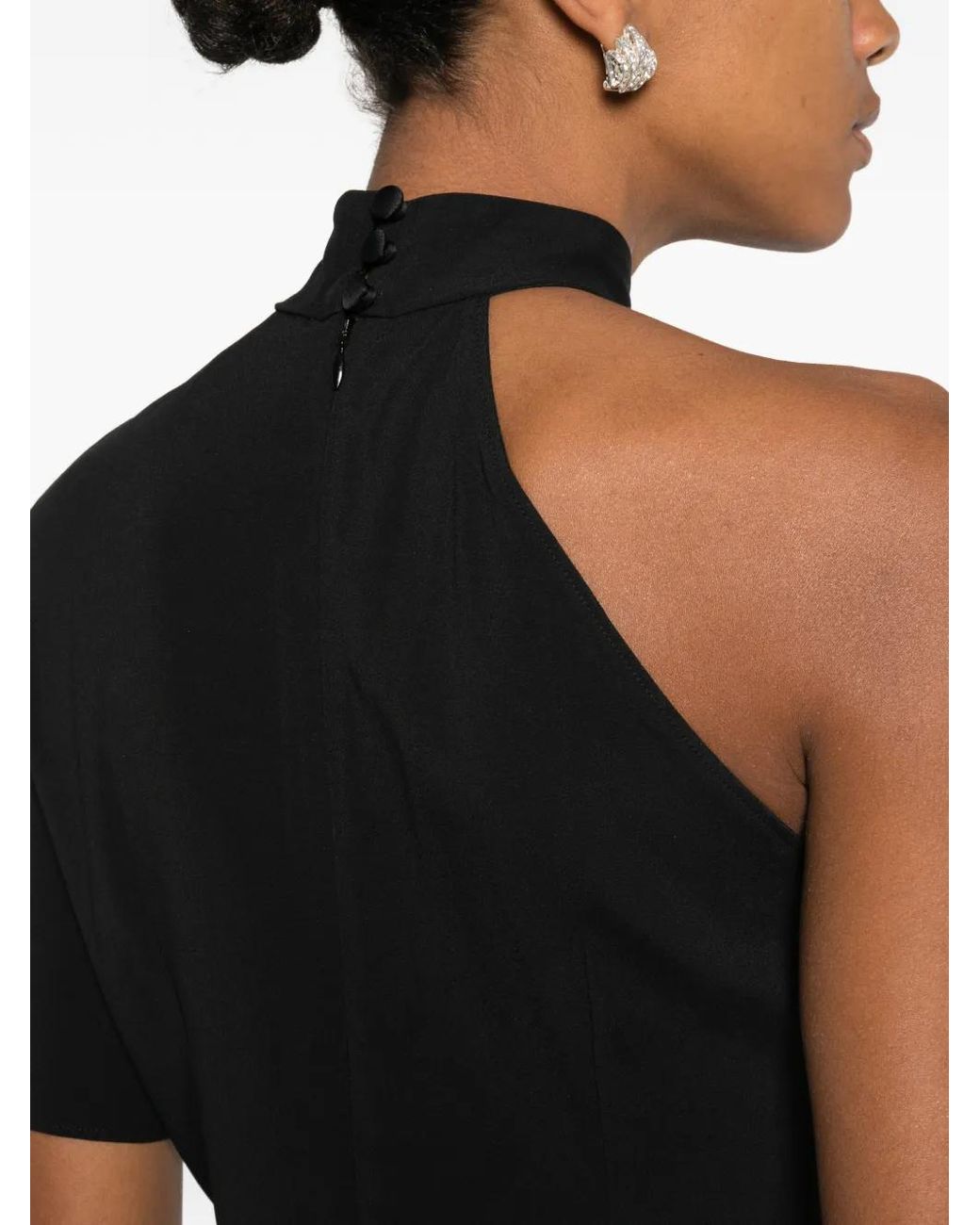 ‎Taller Marmo Black High-Neck Asymmetrical-Sleeve Midi Dress