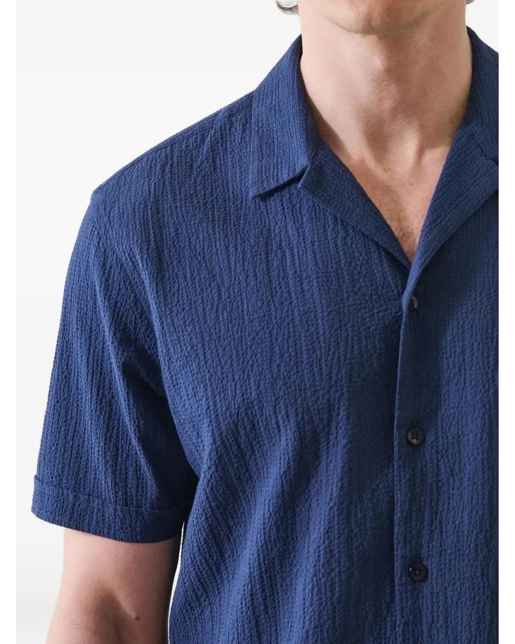 Patrick Assaraf Blue Seersucker-Textured Short-Sleeve Shirt for men