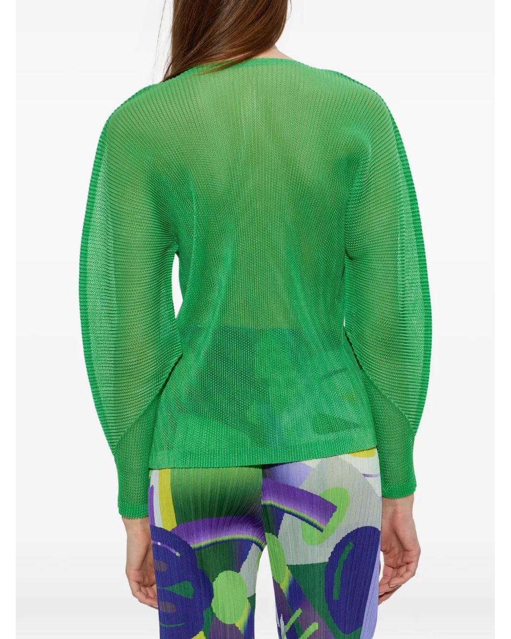 Pleats Please Issey Miyake Green Tatami April Keyhole-Neck Blouse