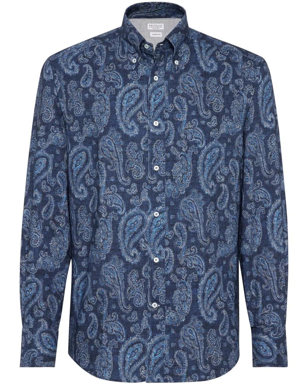 Brunello Cucinelli Blue Paisley Button-Down Shirt for men